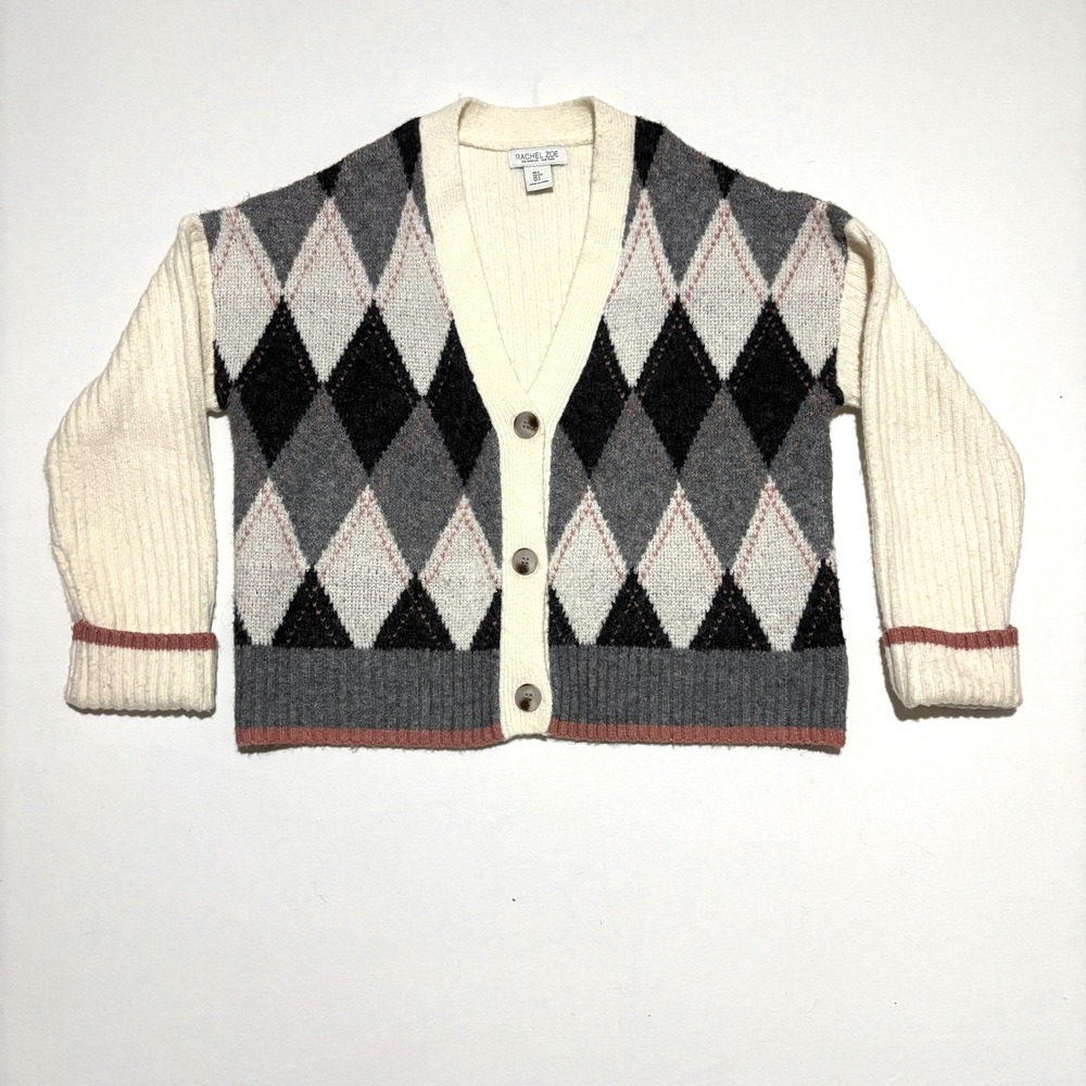 Rachel Zoe Argyle Cardigan Sweater Cream Black Grey Pink Ribbed Cuffs preppS - Picture 2 of 8